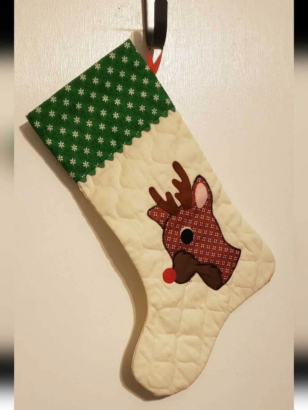 Vintage Handmade Quilted Reindeer Stocking